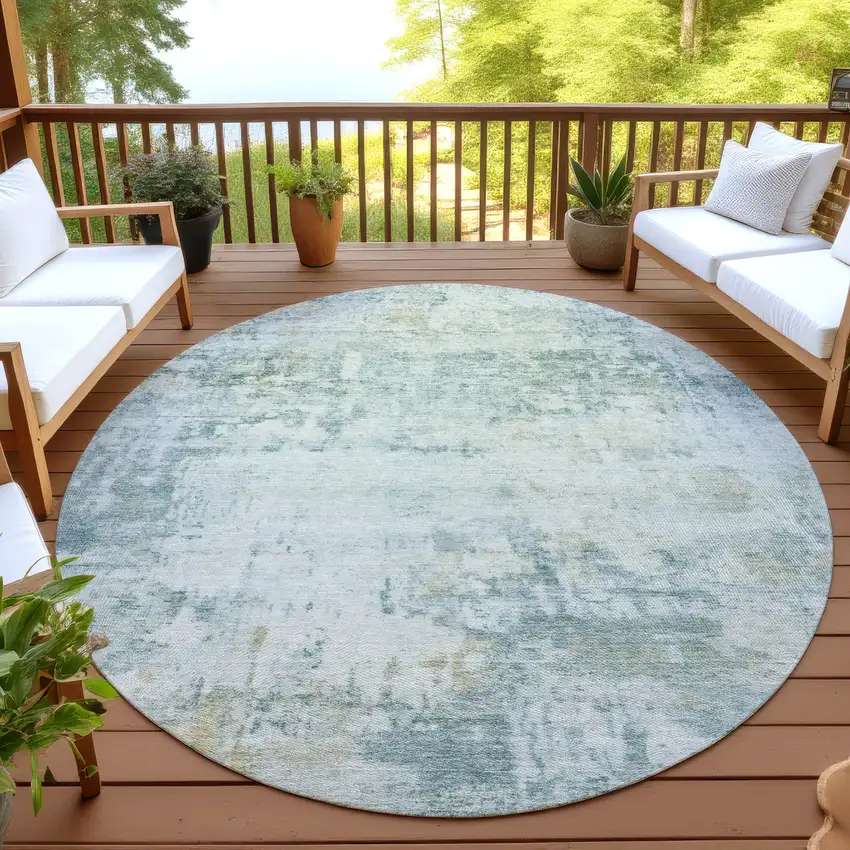 8' Aqua And Ivory Round Abstract Washable Indoor Outdoor Area Rug Photo 4