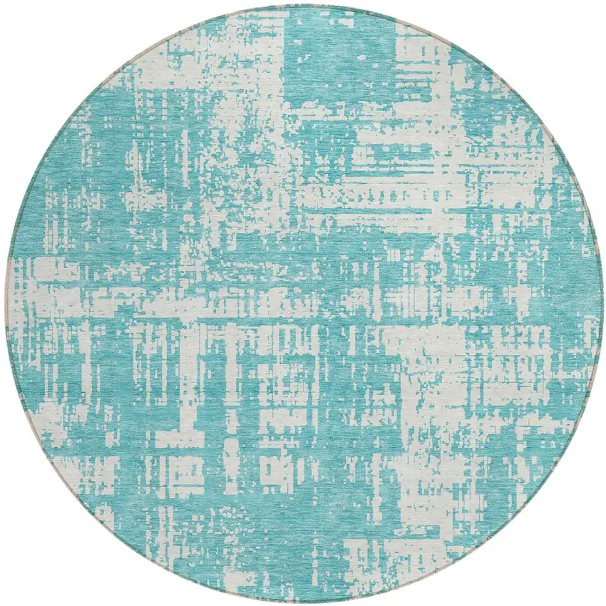 8' Aqua And Ivory Round Abstract Washable Indoor Outdoor Area Rug Photo 2