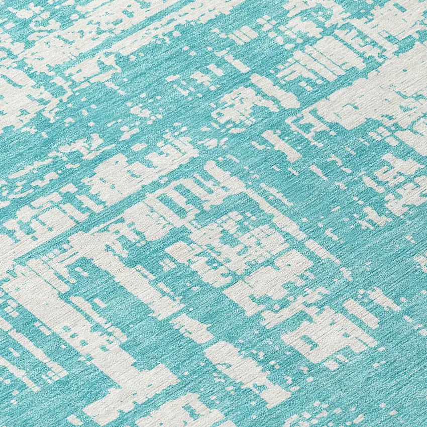 8' Aqua And Ivory Round Abstract Washable Indoor Outdoor Area Rug Photo 8