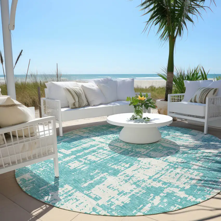 8' Aqua And Ivory Round Abstract Washable Indoor Outdoor Area Rug Photo 6