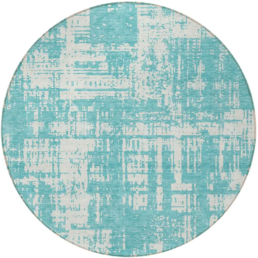 8' Aqua And Ivory Round Abstract Washable Indoor Outdoor Area Rug Photo 5
