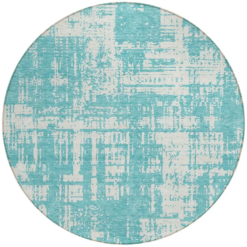 8' Aqua And Ivory Round Abstract Washable Indoor Outdoor Area Rug Photo 4