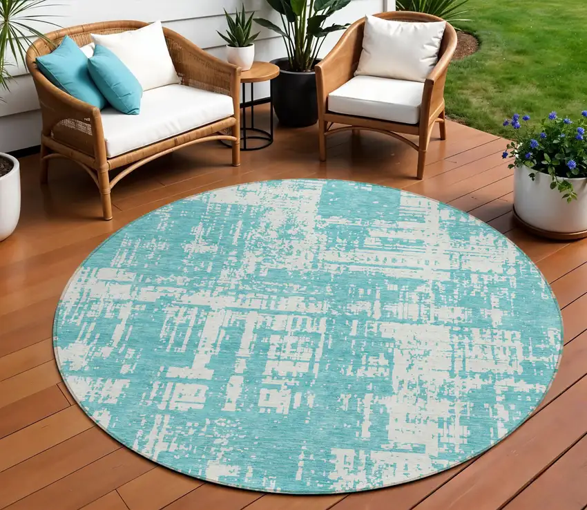 8' Aqua And Ivory Round Abstract Washable Indoor Outdoor Area Rug Photo 1