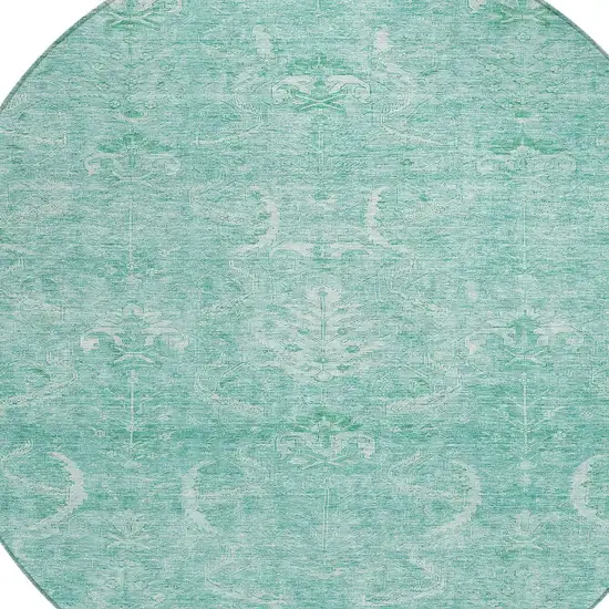 8' Aqua And Ivory Round Damask Washable Indoor Outdoor Area Rug Photo 5