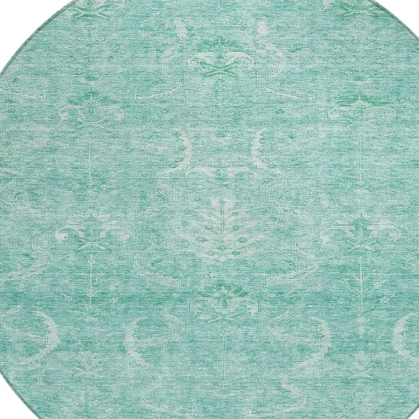 8' Aqua And Ivory Round Damask Washable Indoor Outdoor Area Rug Photo 5