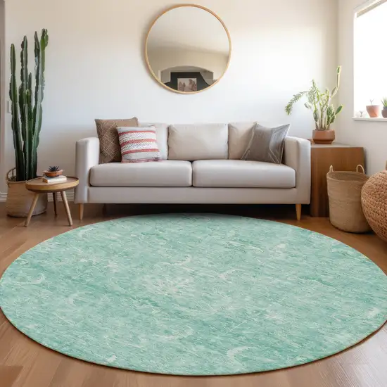 8' Aqua And Ivory Round Damask Washable Indoor Outdoor Area Rug Photo 8