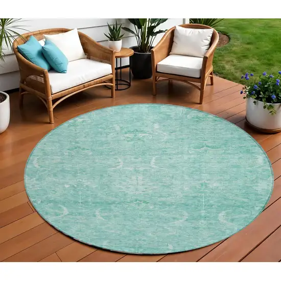 8' Aqua And Ivory Round Damask Washable Indoor Outdoor Area Rug Photo 1