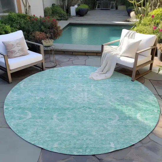 8' Aqua And Ivory Round Damask Washable Indoor Outdoor Area Rug Photo 7