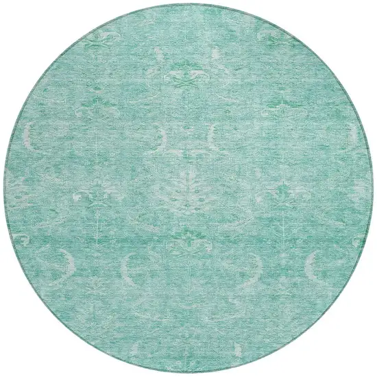 8' Aqua And Ivory Round Damask Washable Indoor Outdoor Area Rug Photo 6