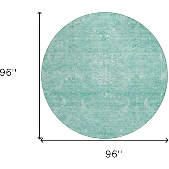 8' Aqua And Ivory Round Damask Washable Indoor Outdoor Area Rug Photo 9