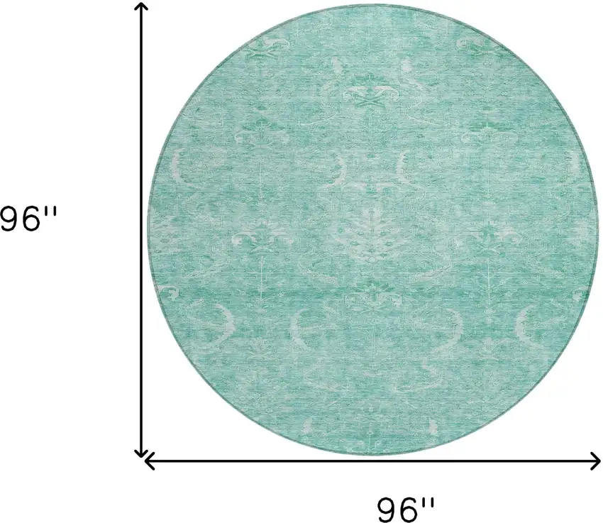 8' Aqua And Ivory Round Damask Washable Indoor Outdoor Area Rug Photo 9