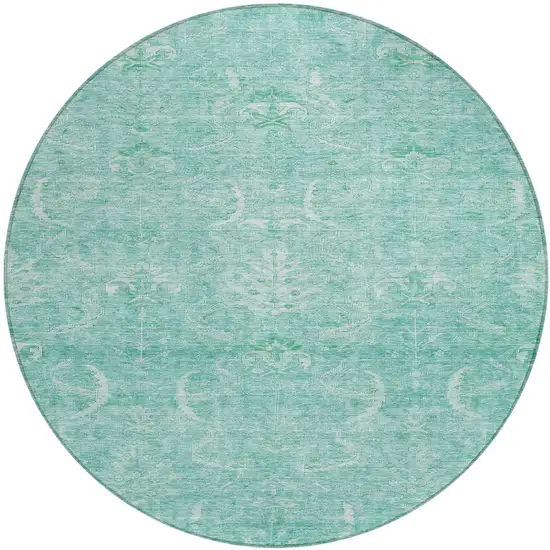 8' Aqua And Ivory Round Damask Washable Indoor Outdoor Area Rug Photo 2