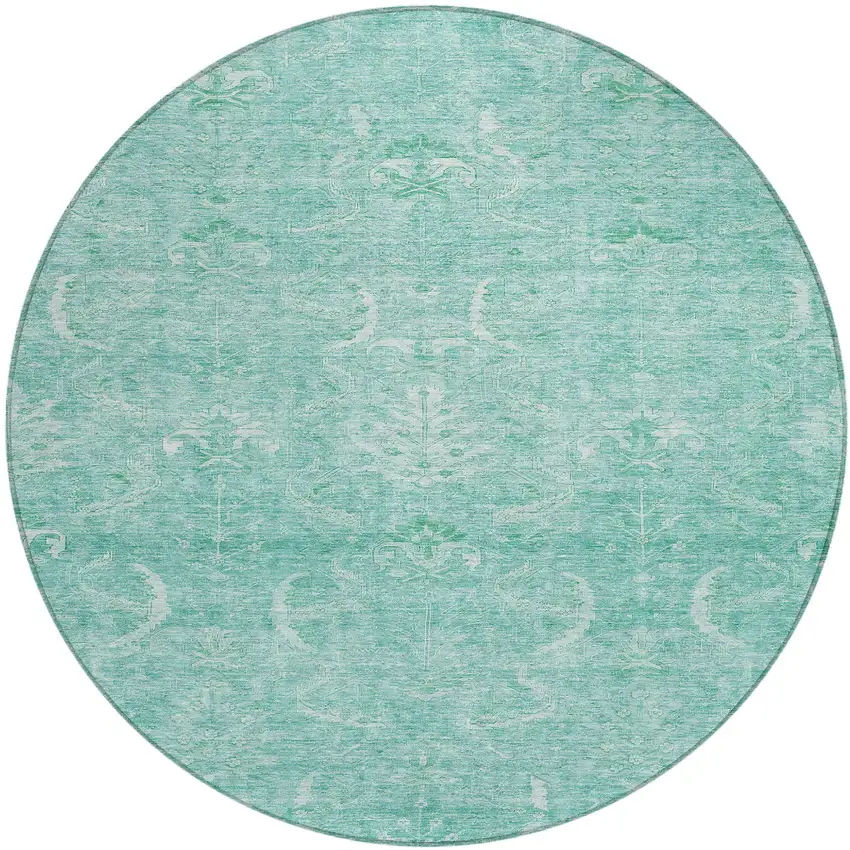 8' Aqua And Ivory Round Damask Washable Indoor Outdoor Area Rug Photo 2