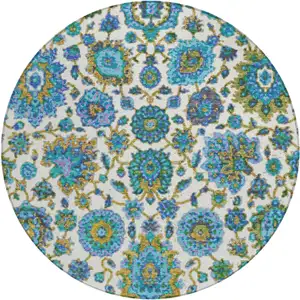 Photo of 8' Aqua And Ivory Round Floral Medallion Washable Indoor Outdoor Area Rug