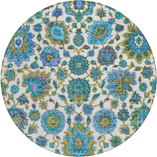 8' Aqua And Ivory Round Floral Medallion Washable Indoor Outdoor Area Rug Photo 1