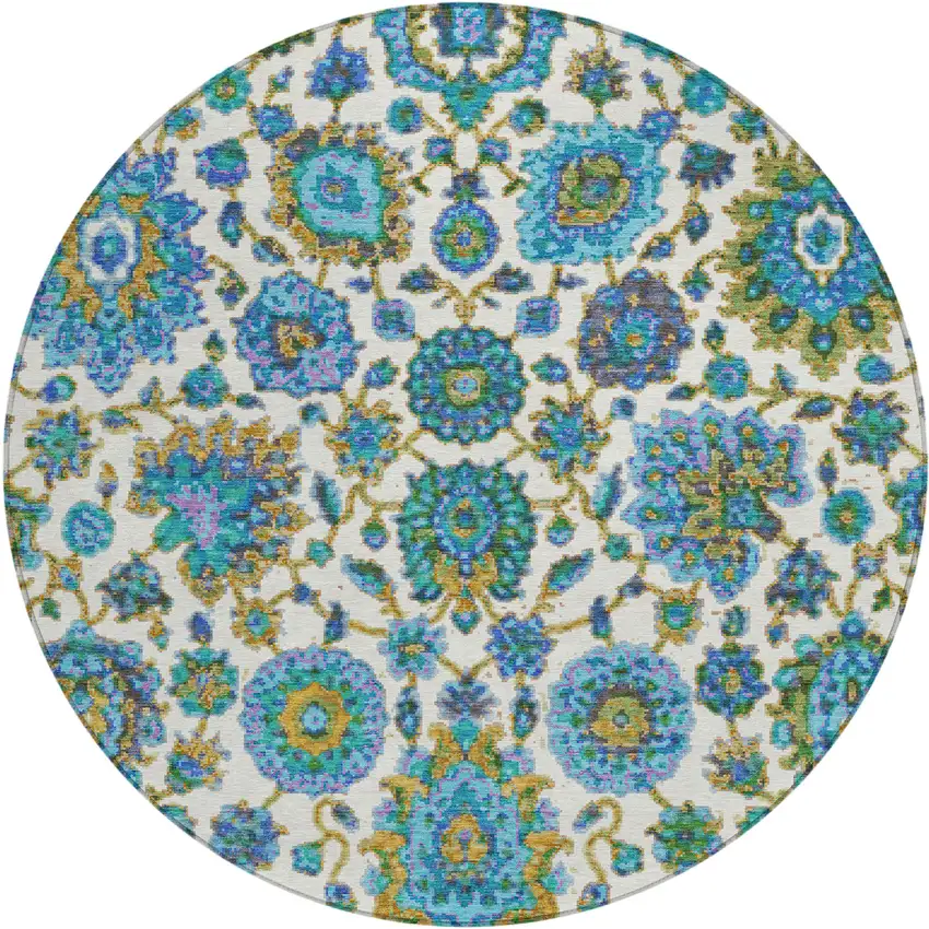 8' Aqua And Ivory Round Floral Medallion Washable Indoor Outdoor Area Rug Photo 1