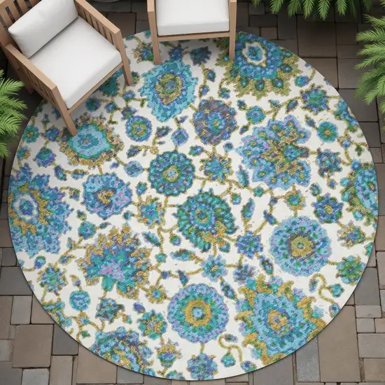 8' Aqua And Ivory Round Floral Medallion Washable Indoor Outdoor Area Rug Photo 9