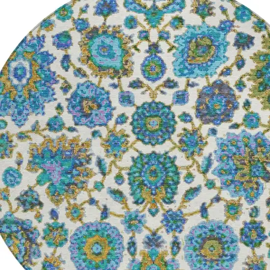 8' Aqua And Ivory Round Floral Medallion Washable Indoor Outdoor Area Rug Photo 5