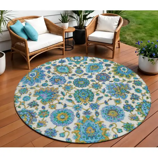 8' Aqua And Ivory Round Floral Medallion Washable Indoor Outdoor Area Rug Photo 2