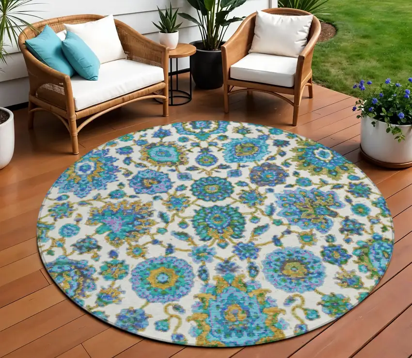 8' Aqua And Ivory Round Floral Medallion Washable Indoor Outdoor Area Rug Photo 2