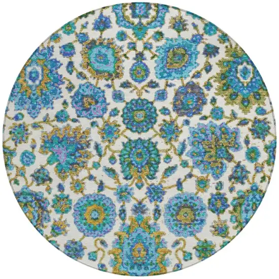 8' Aqua And Ivory Round Floral Medallion Washable Indoor Outdoor Area Rug Photo 4