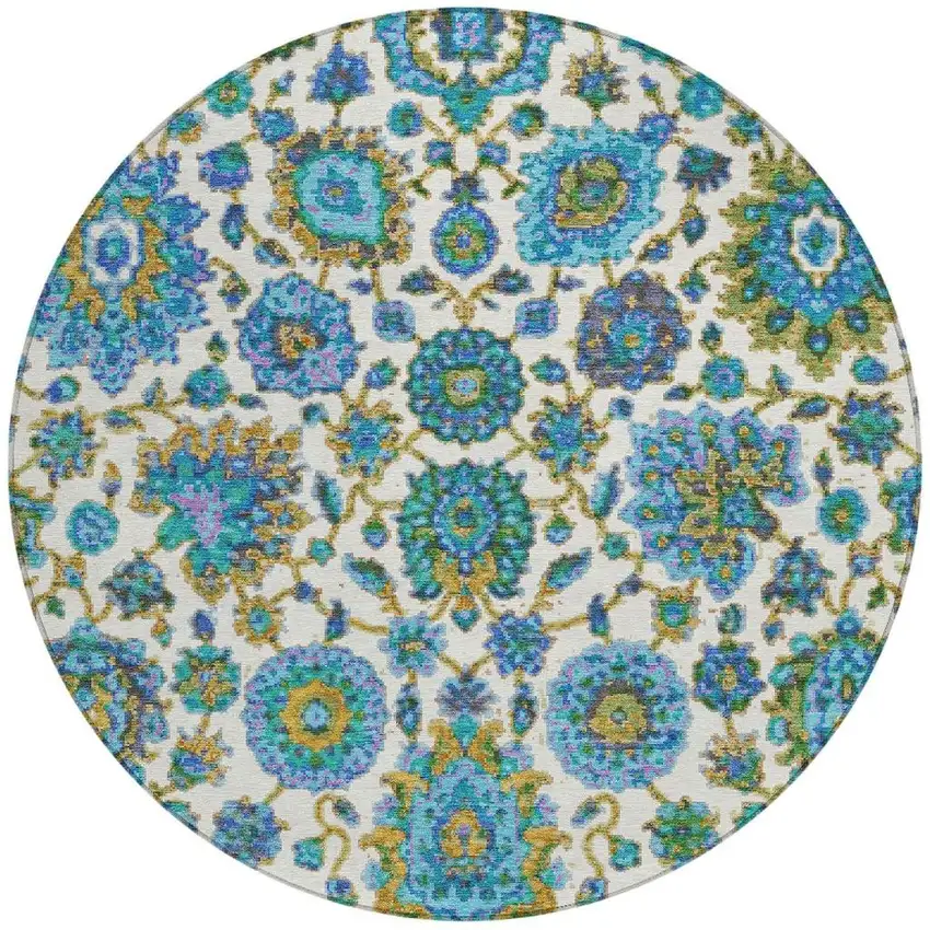 8' Aqua And Ivory Round Floral Medallion Washable Indoor Outdoor Area Rug Photo 4