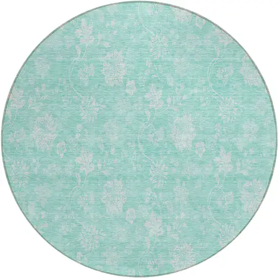 8' Aqua And Ivory Round Floral Washable Indoor Outdoor Area Rug Photo 2