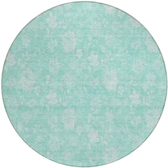 8' Aqua And Ivory Round Floral Washable Indoor Outdoor Area Rug Photo 2