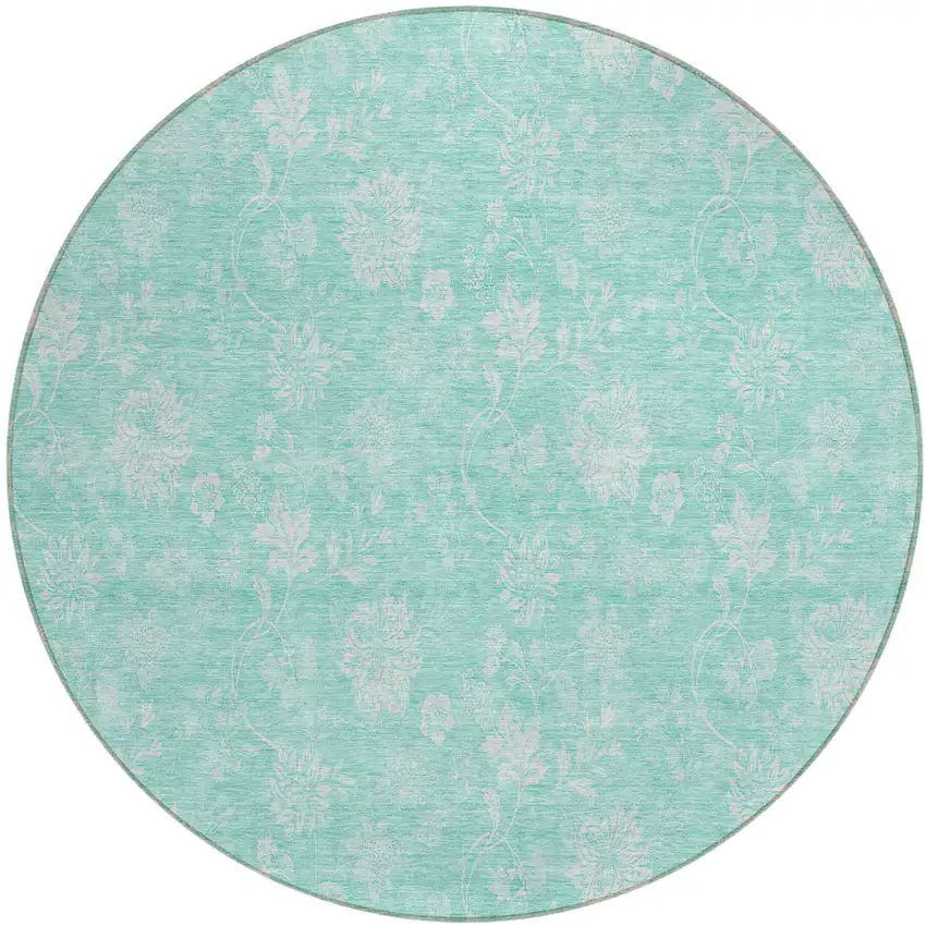 8' Aqua And Ivory Round Floral Washable Indoor Outdoor Area Rug Photo 2
