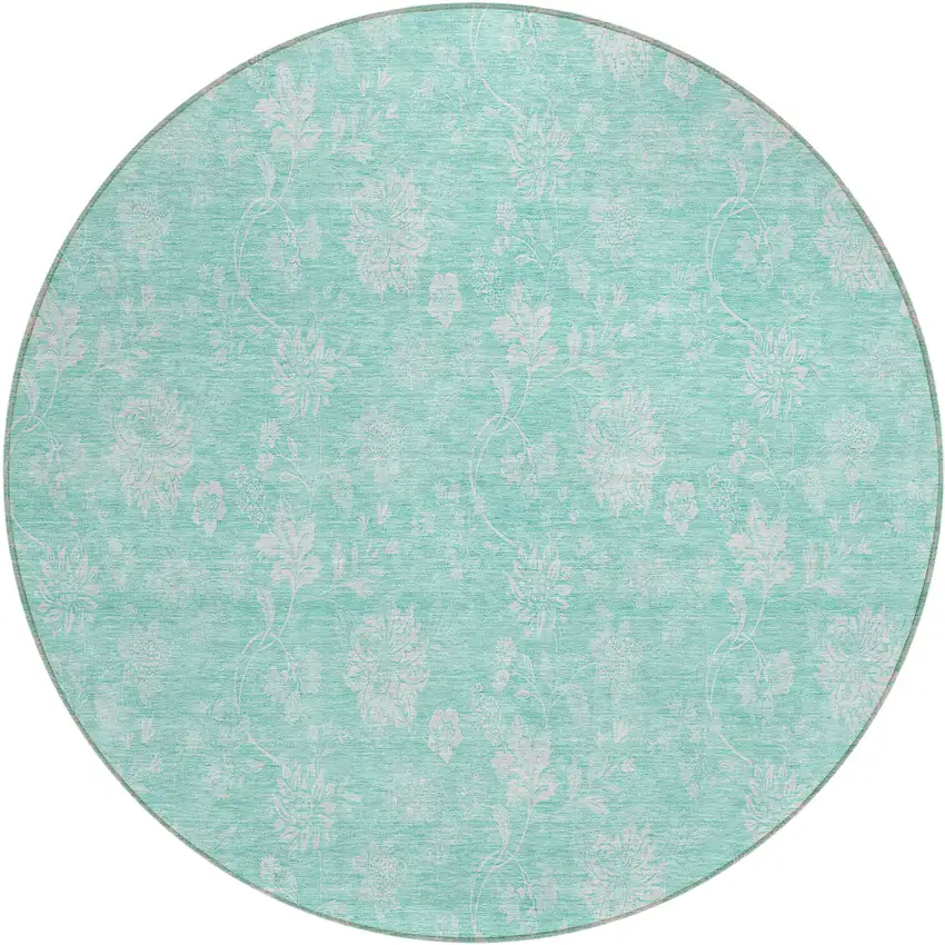 8' Aqua And Ivory Round Floral Washable Indoor Outdoor Area Rug Photo 2