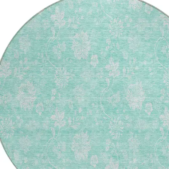 8' Aqua And Ivory Round Floral Washable Indoor Outdoor Area Rug Photo 4