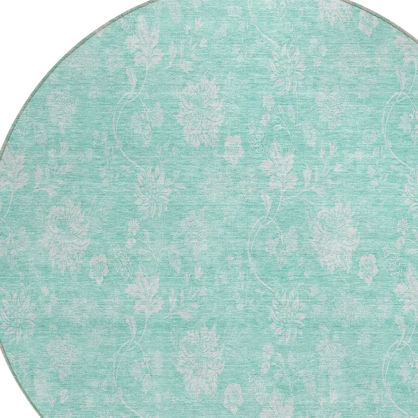 8' Aqua And Ivory Round Floral Washable Indoor Outdoor Area Rug Photo 4