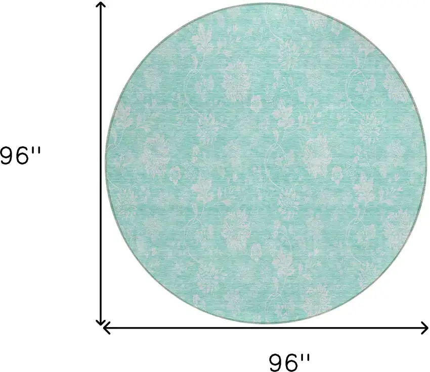 8' Aqua And Ivory Round Floral Washable Indoor Outdoor Area Rug Photo 3