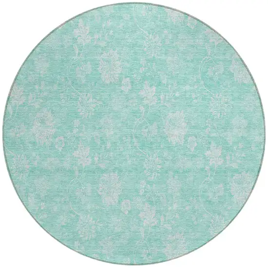 8' Aqua And Ivory Round Floral Washable Indoor Outdoor Area Rug Photo 5