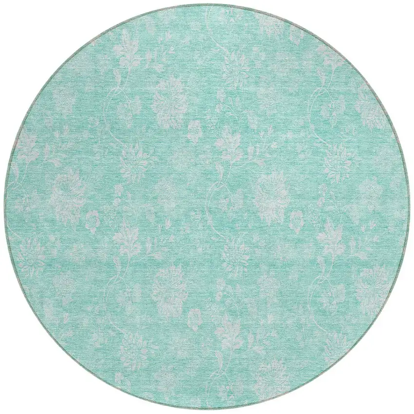 8' Aqua And Ivory Round Floral Washable Indoor Outdoor Area Rug Photo 5