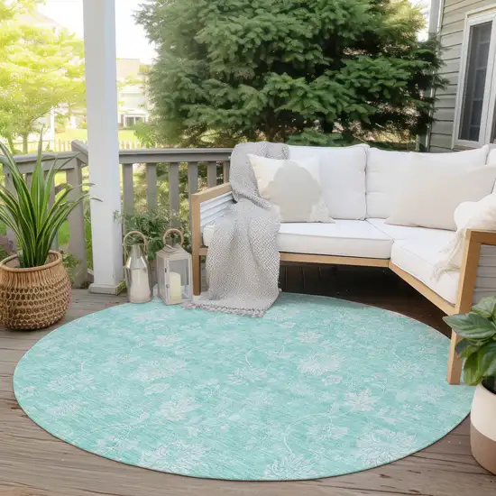8' Aqua And Ivory Round Floral Washable Indoor Outdoor Area Rug Photo 6