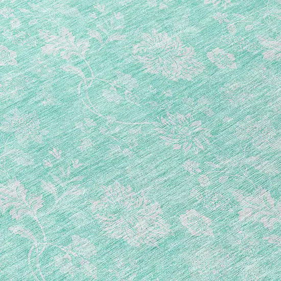 8' Aqua And Ivory Round Floral Washable Indoor Outdoor Area Rug Photo 8