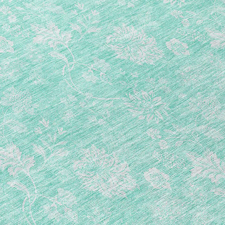 8' Aqua And Ivory Round Floral Washable Indoor Outdoor Area Rug Photo 8