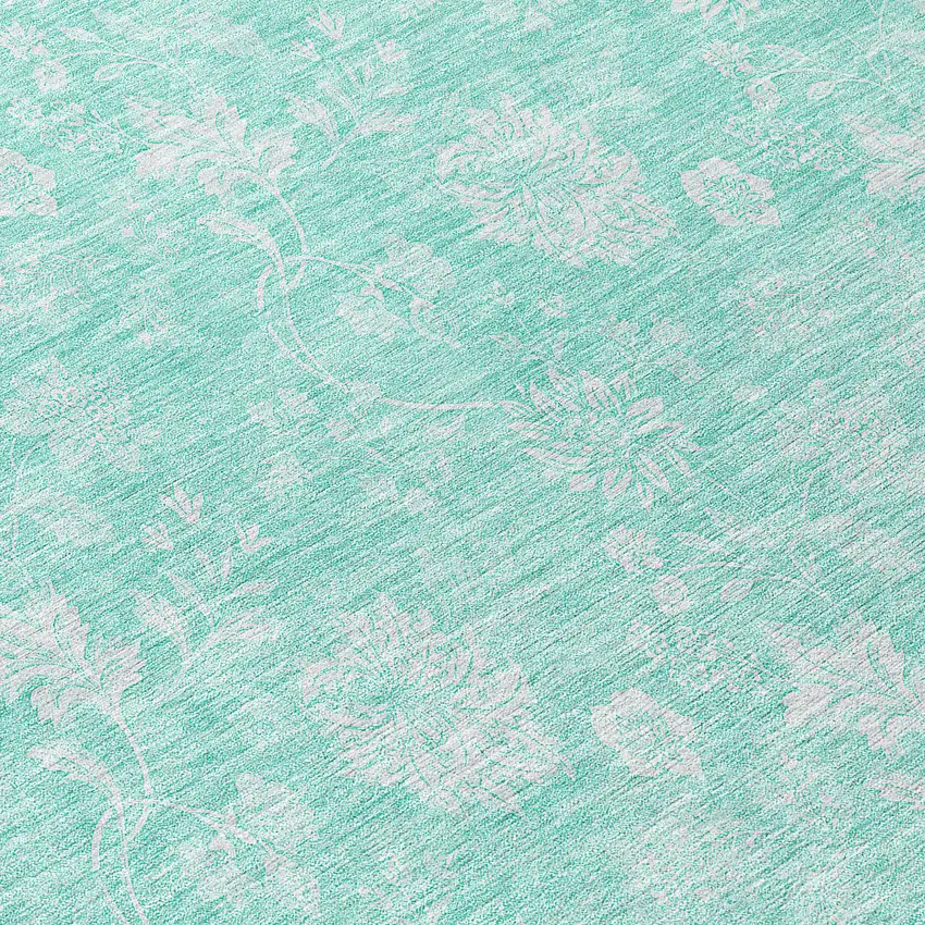 8' Aqua And Ivory Round Floral Washable Indoor Outdoor Area Rug Photo 8