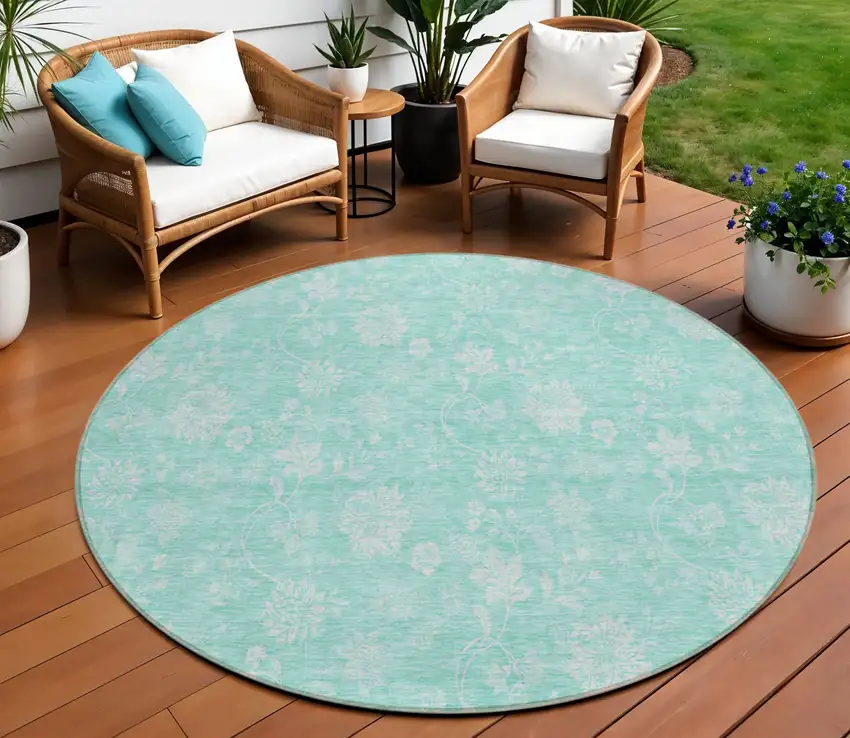 8' Aqua And Ivory Round Floral Washable Indoor Outdoor Area Rug Photo 1
