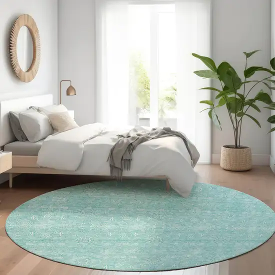 8' Aqua And Ivory Round Floral Washable Indoor Outdoor Area Rug Photo 6