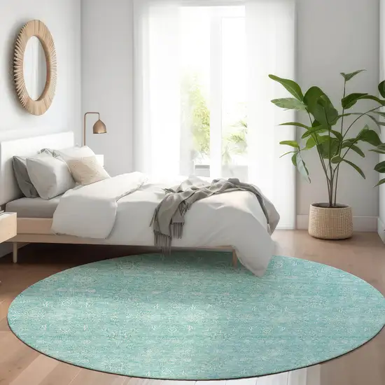 8' Aqua And Ivory Round Floral Washable Indoor Outdoor Area Rug Photo 6