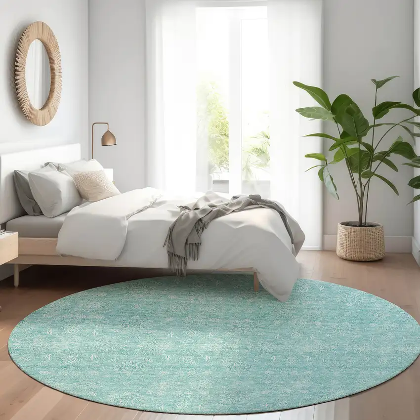 8' Aqua And Ivory Round Floral Washable Indoor Outdoor Area Rug Photo 6