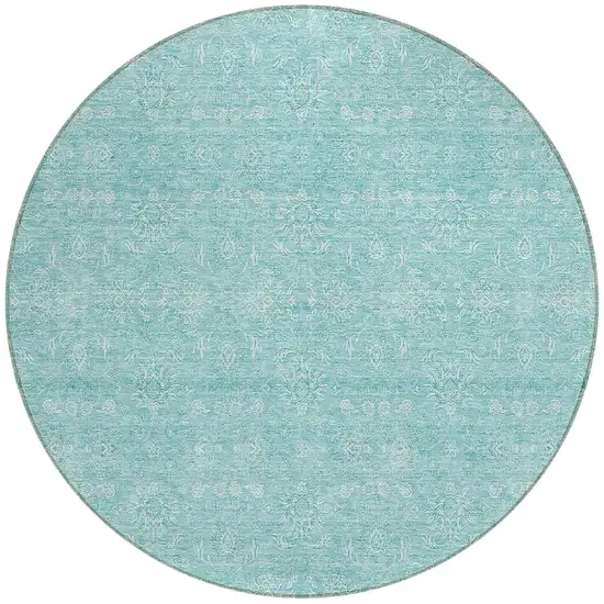 8' Aqua And Ivory Round Floral Washable Indoor Outdoor Area Rug Photo 4