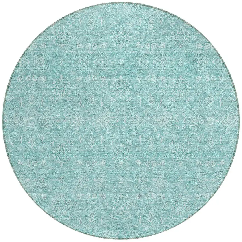 8' Aqua And Ivory Round Floral Washable Indoor Outdoor Area Rug Photo 4