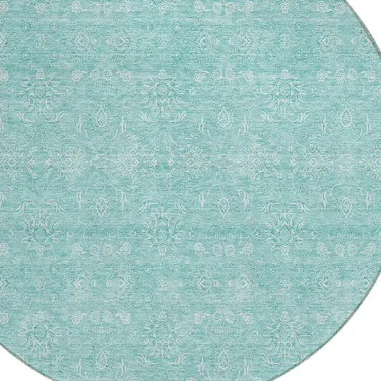 8' Aqua And Ivory Round Floral Washable Indoor Outdoor Area Rug Photo 3