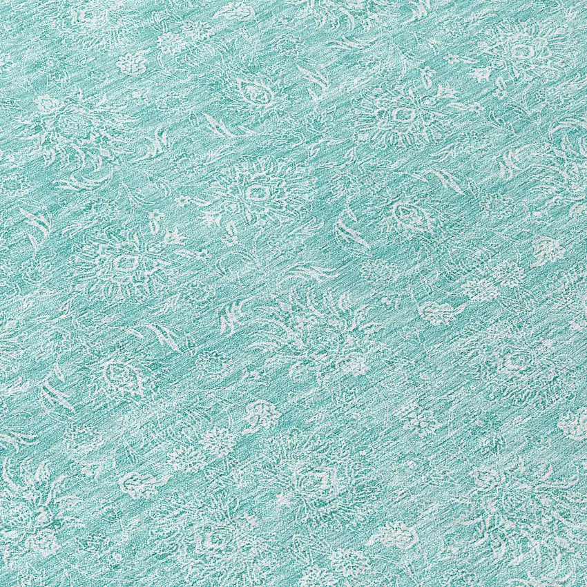 8' Aqua And Ivory Round Floral Washable Indoor Outdoor Area Rug Photo 8