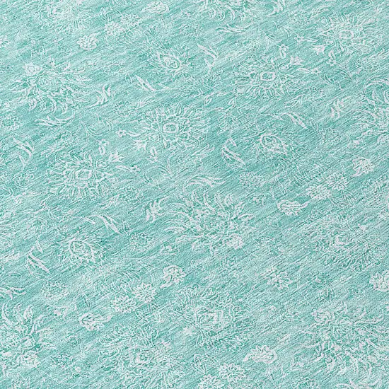 8' Aqua And Ivory Round Floral Washable Indoor Outdoor Area Rug Photo 8