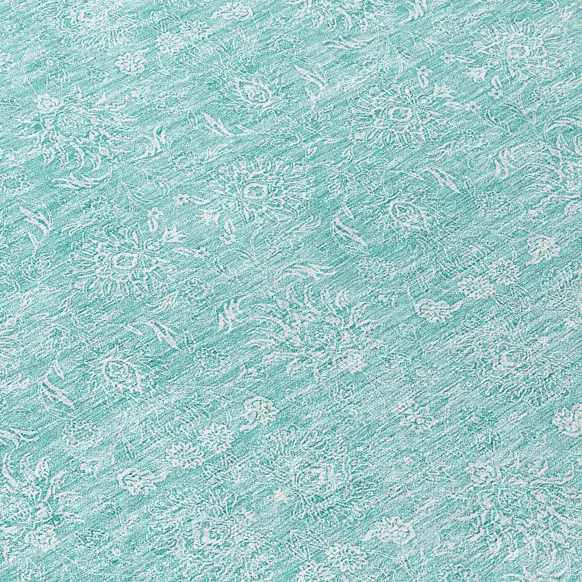 8' Aqua And Ivory Round Floral Washable Indoor Outdoor Area Rug Photo 8