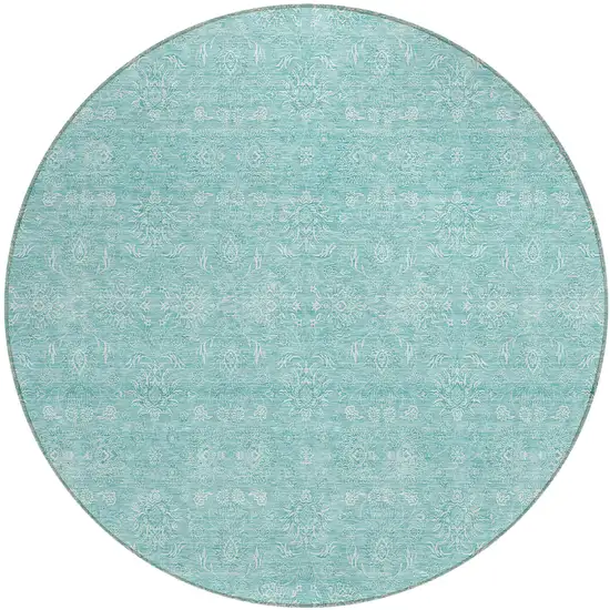 8' Aqua And Ivory Round Floral Washable Indoor Outdoor Area Rug Photo 1